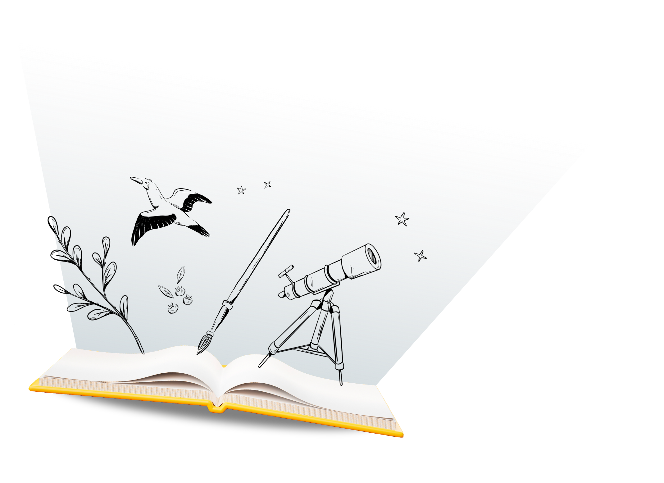 An illustration of a bird, flowers, paint brush and a telescope popping out of a book