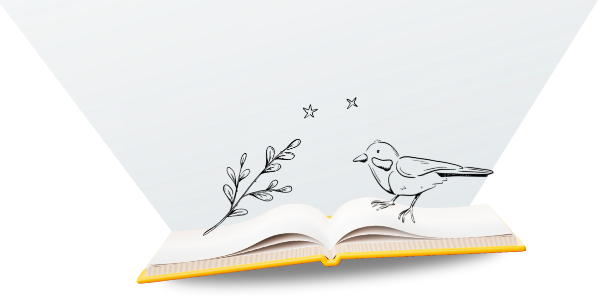 An illustration of a bird and flowers popping out of a book